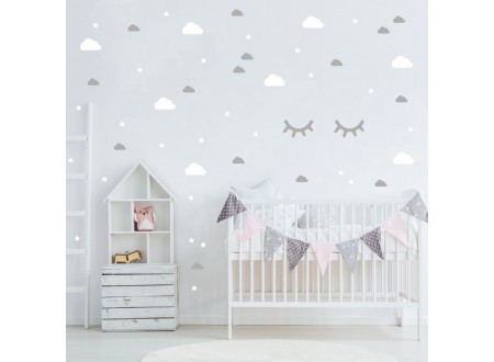 ADESIVO QUARTO DE BEBÊ NUVENS CÍLIOS E ESTRELAS